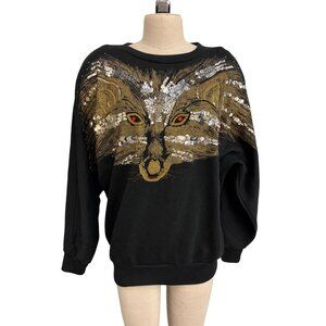 Vintage Gladys Bagley Sequin Fox Sweatshirt Black Medium 65percent Polyester & 3